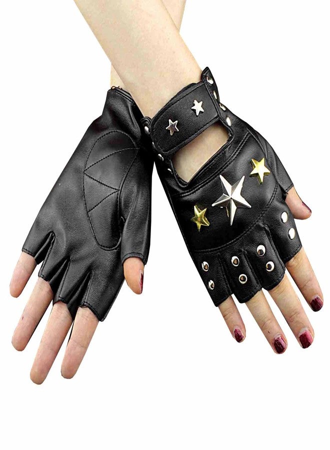 vogueteen Womens Fingerless Leather Gloves Star Studded Dancing Driving Rock Punk Cool Black One Size - Image 2